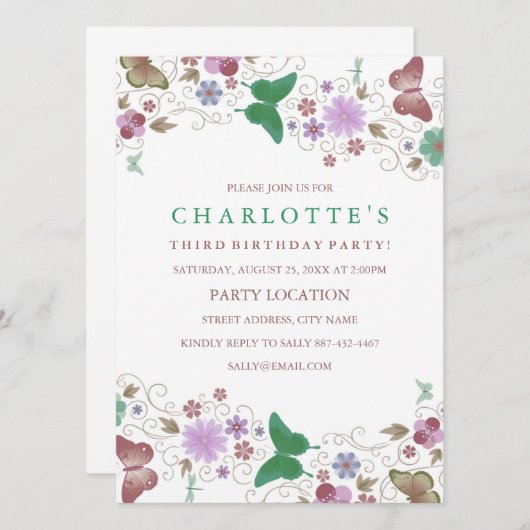 groene vlinder | verjaardagsuitnodiging kaart (Voorkant / Achterkant)