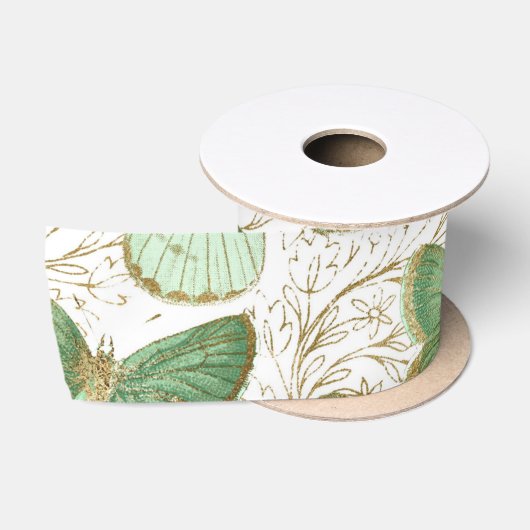 Groene Vlinder Witte Bloem Bloesem Satijnen Lint (Spoel)