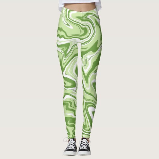 Groene vloeibare Abstracte Wavy Swirl Leggings (Voorkant)