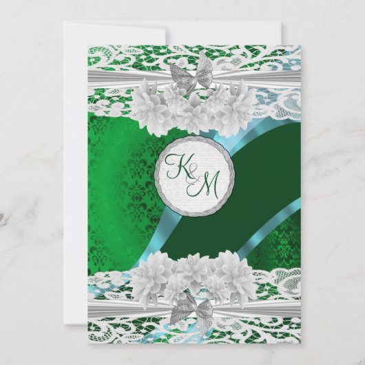 Groene vocht met witte palmmonogram bruiloft kaart (Achterkant)
