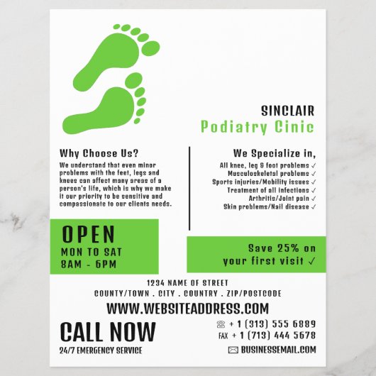 Groene voetafdrukken, Podiatry Clinic, Podiatrist Flyer (Voorkant)
