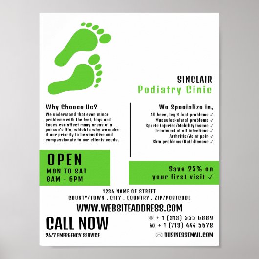 Groene voetafdrukken, Podiatry Clinic, Podiatrist Poster (Voorkant)