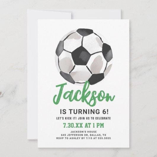Groene Voetbal Jongen Verjaardag Uitnodiging (Voorkant)