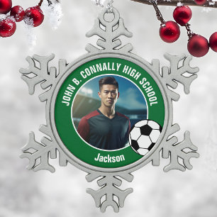 Groene Voetbalspeler Foto Hogeschool Spirit Tin Sneeuwvlok Ornament