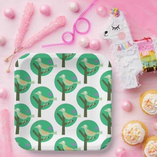 Groene vogel en boompatroon Natuur geïnspireerd Papieren Bordje (Feest)