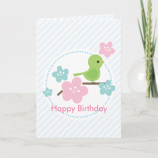 Groene Vogel en Kersenbloemen Custom Message Kaart (Voorkant)