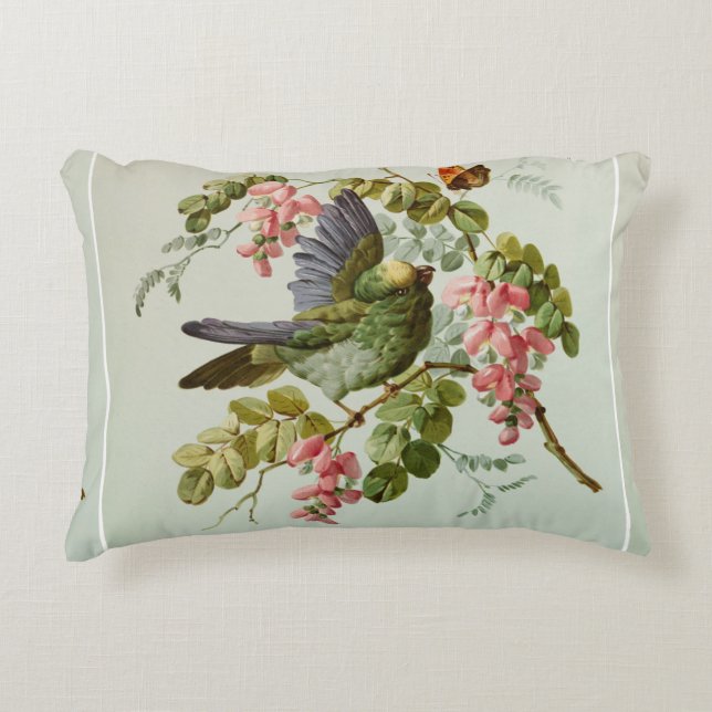  groene vogel en roze bloemen decoratief kussen (Voorkant)