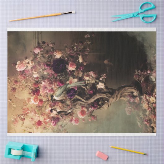 Groene Vogel & Levendige Bloemen, Etherische Boom Tissuepapier (Craft)