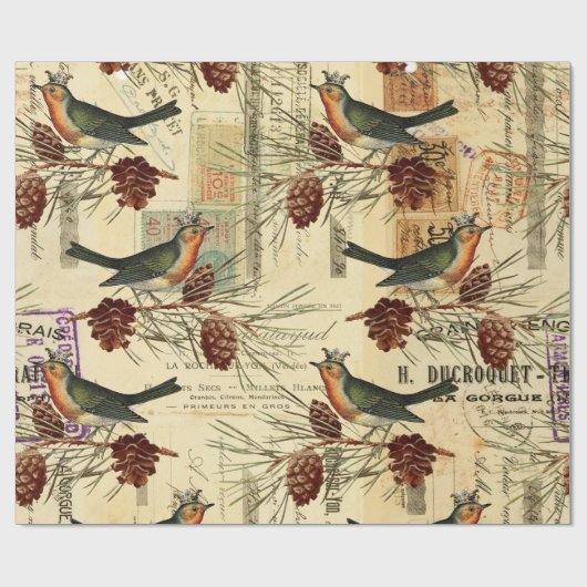  groene vogels en pijnbomen cadeaupapier (Vlak)