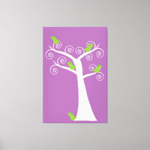 Groene vogels in een fantasievolle spiraalboom op canvas afdruk