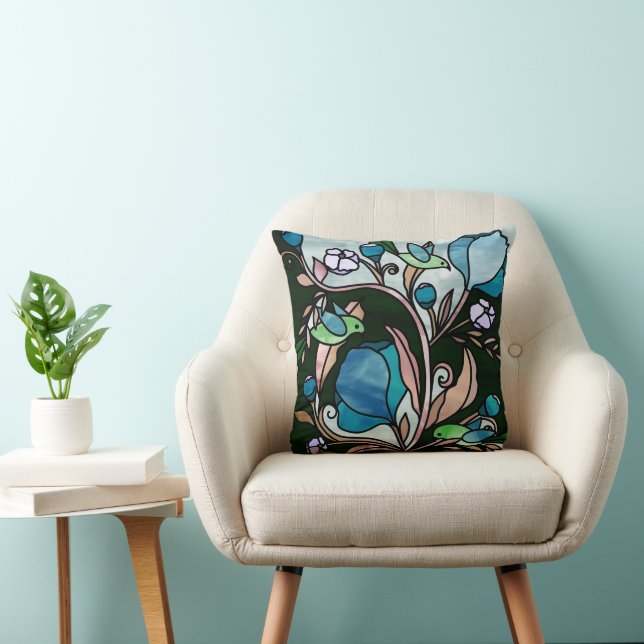 Groene vogels met Glas in lood en blauwe bloemen Kussen (Stoel)