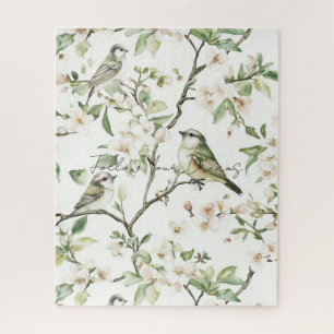 Groene Vogels Witte Bloemen Boom Legpuzzel