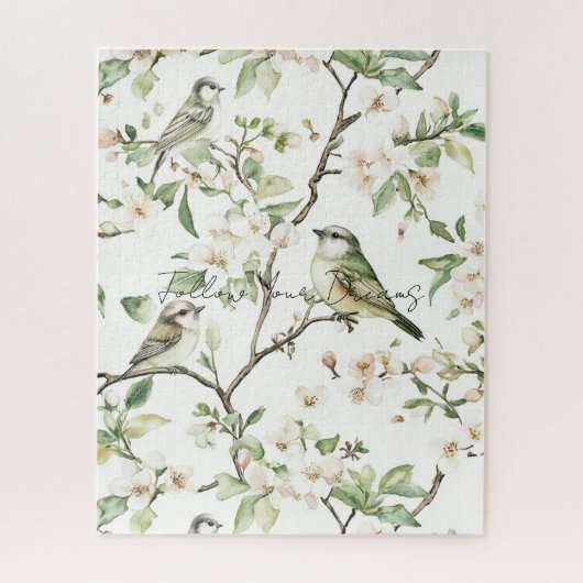 Groene Vogels Witte Bloemen Boom Legpuzzel (Verticaal)