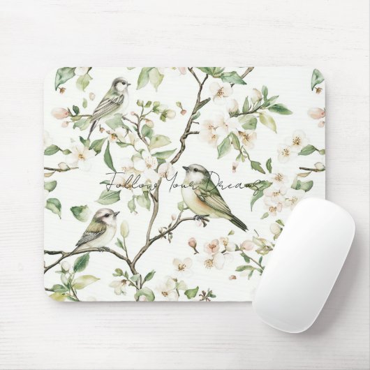Groene Vogels Witte Bloemen Boom Muismat (Met muis)