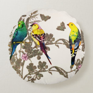 Groene vogelsoorten Waterverf Zilver Glitter Rond Kussen