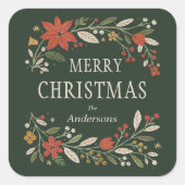 Groene Volkse Bloemige Prettig Kerstfeest Vierkante Sticker (Voorkant)