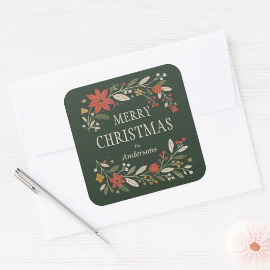 Groene Volkse Bloemige Prettig Kerstfeest Vierkante Sticker (Envelop)