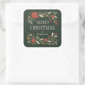 Groene Volkse Bloemige Prettig Kerstfeest Vierkante Sticker (Tas)