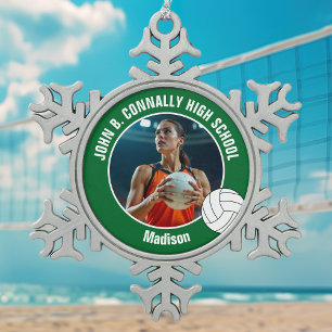 Groene Volleybal Speler Foto Middelbare School Tin Sneeuwvlok Ornament
