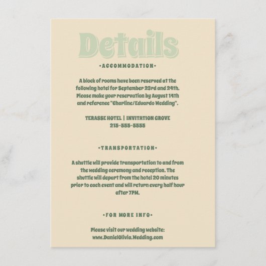 Groene Vosvos Minimal Wedding Informatiekaartje (Voorkant)