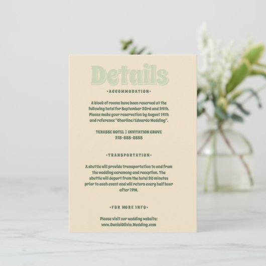 Groene Vosvos Minimal Wedding Informatiekaartje (Staand voorkant)