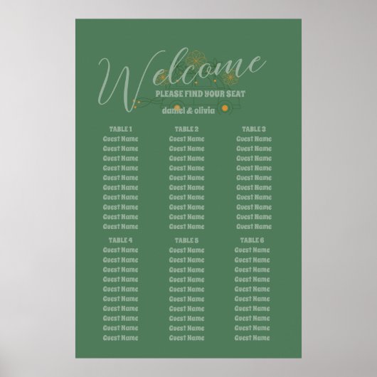 Groene Vosvos Minimal Wedding Seating Charts Poster (Voorkant)