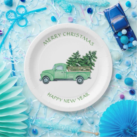  Groene Vrachtwagen met kerstbomen Papieren Bordje (Feest)