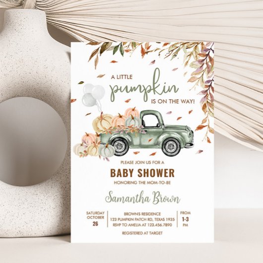 Groene Vrachtwagen Pompoen Baby shower Kaart