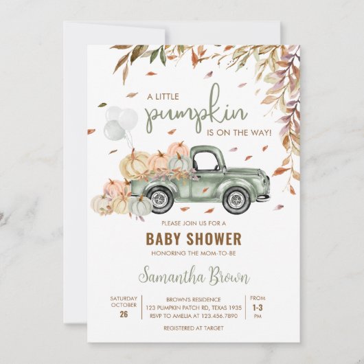 Groene Vrachtwagen Pompoen Baby shower Kaart (Voorkant)