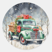 Groene Vrachtwagen Winterbos Kerstcadeaus Ronde Sticker (Voorkant)