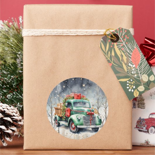 Groene Vrachtwagen Winterbos Kerstcadeaus Ronde Sticker (Feestdagen)