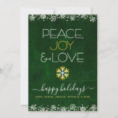 Groene Vrede Vreugde Liefde Sneeuwvlok Typografie  Feestdagenkaart (Voorkant)