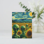 Groene Vreemdelingen in een Van Gogh Zonnebloemvel Briefkaart (Staand voorkant)