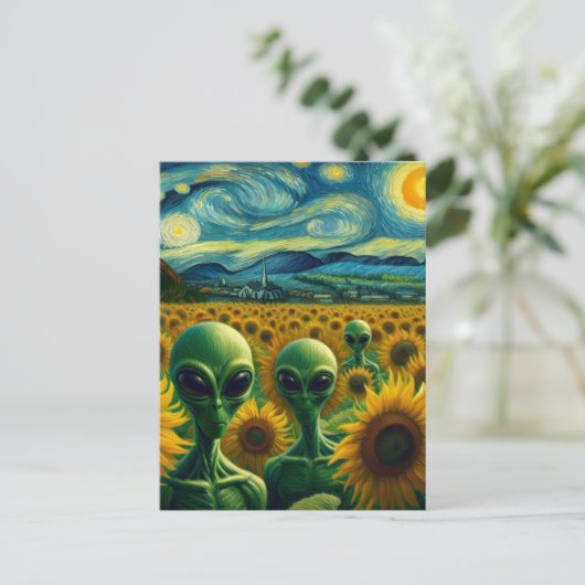 Groene Vreemdelingen in een Van Gogh Zonnebloemvel Briefkaart (Staand voorkant)