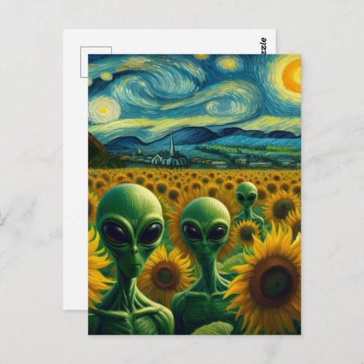Groene Vreemdelingen in een Van Gogh Zonnebloemvel Briefkaart (Voorkant / Achterkant)