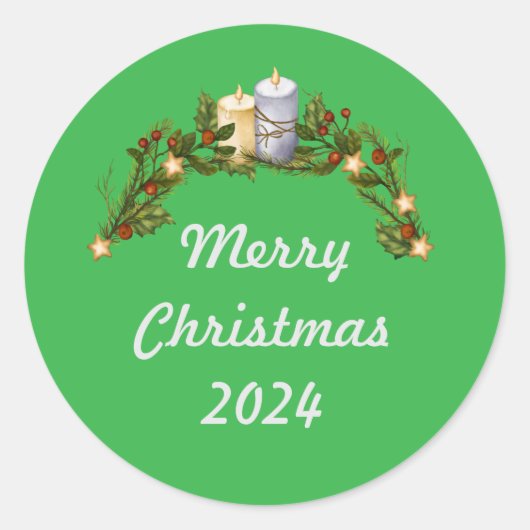 Groene vrolijke kerst 2024 ronde sticker (Voorkant)