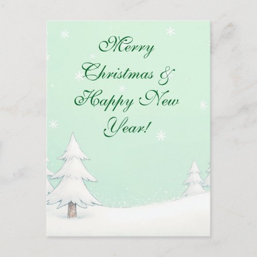 Groene vrolijke kerst en besneeuwde dennen briefkaart (Voorkant)