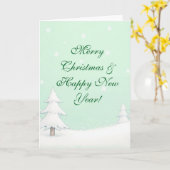 Groene vrolijke kerst en besneeuwde dennen kaart (Gele Bloem)