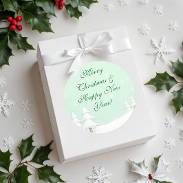 Groene vrolijke kerst en besneeuwde dennen ronde sticker