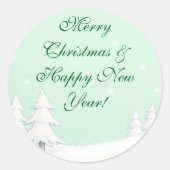 Groene vrolijke kerst en besneeuwde dennen ronde sticker (Voorkant)