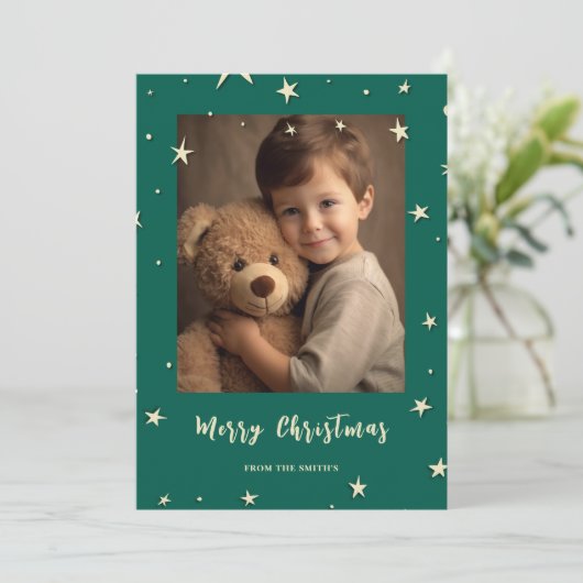 Groene vrolijke kerstfoto feestdagenkaart (Staand voorkant)