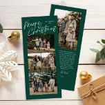 Groene vrolijke kerstkalligrafie Vijf slanke foto Feestdagenkaart<br><div class="desc">Green Merry Christmas Calligraphy Five Slim Photo Holiday Kaart heeft vier foto's aan de voorkant en een andere foto aan de achterkant met ruimte voor uw langere bericht.</div>