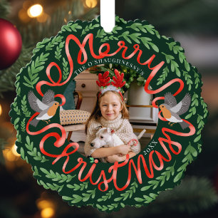 Groene Vrolijke Kerstmis Folk Foliage Krans Foto Ornament Kaart