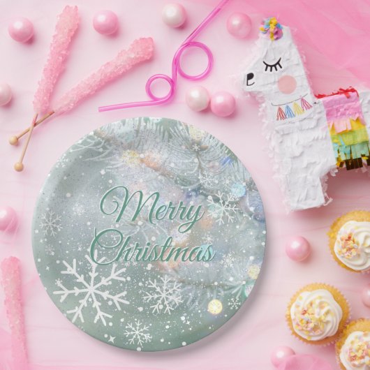 Groene vrolijke kerstsneeuwvlokken papieren bordje (Feest)