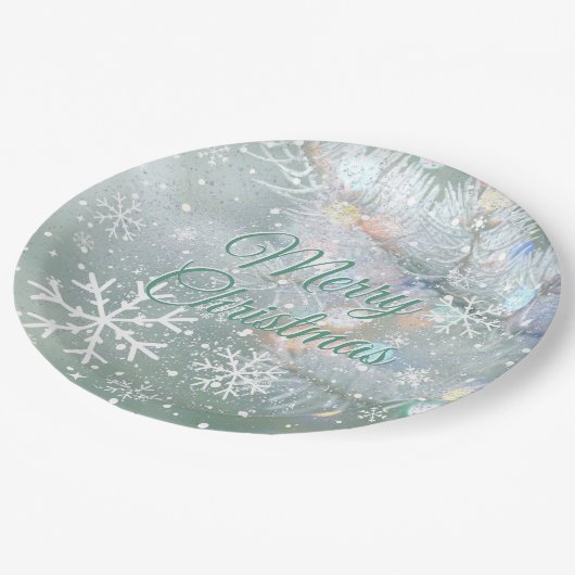 Groene vrolijke kerstsneeuwvlokken papieren bordje (Gekanteld)