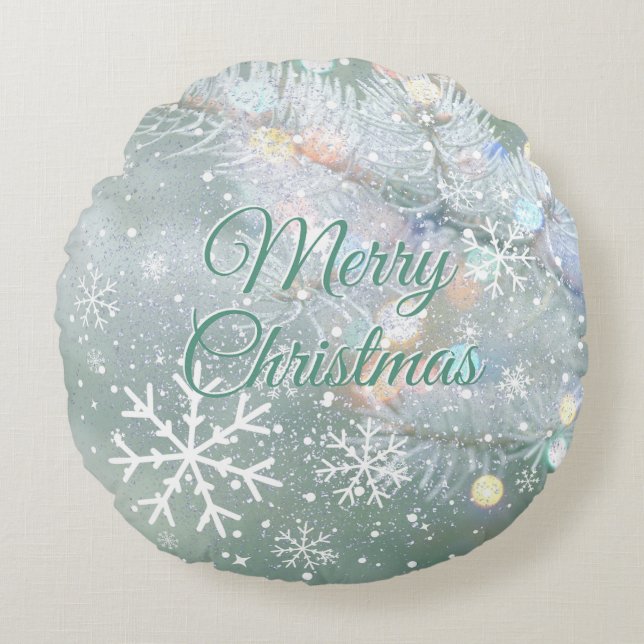 Groene vrolijke kerstsneeuwvlokken rond kussen (Voorkant)