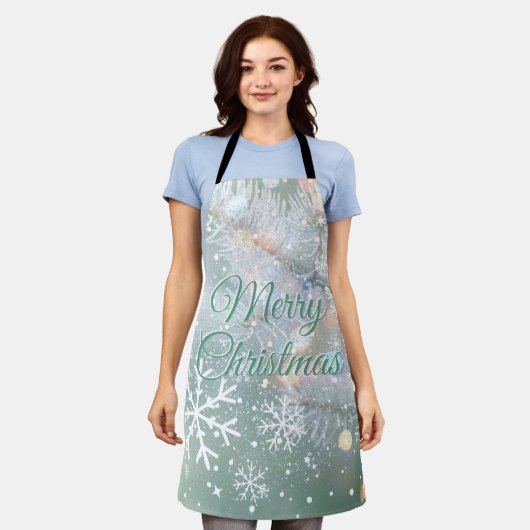 Groene vrolijke kerstsneeuwvlokken schort (Gedragen)