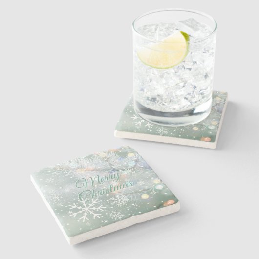 Groene vrolijke kerstsneeuwvlokken stenen onderzetter (Zijkant)