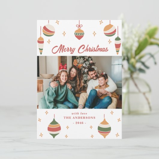 Groene Vrolijke Kerstversiering Familie Fotokaarte Feestdagenkaart (Staand voorkant)