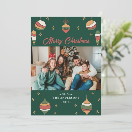 Groene Vrolijke Kerstversiering Familie Fotokaarte Feestdagenkaart (Staand voorkant)